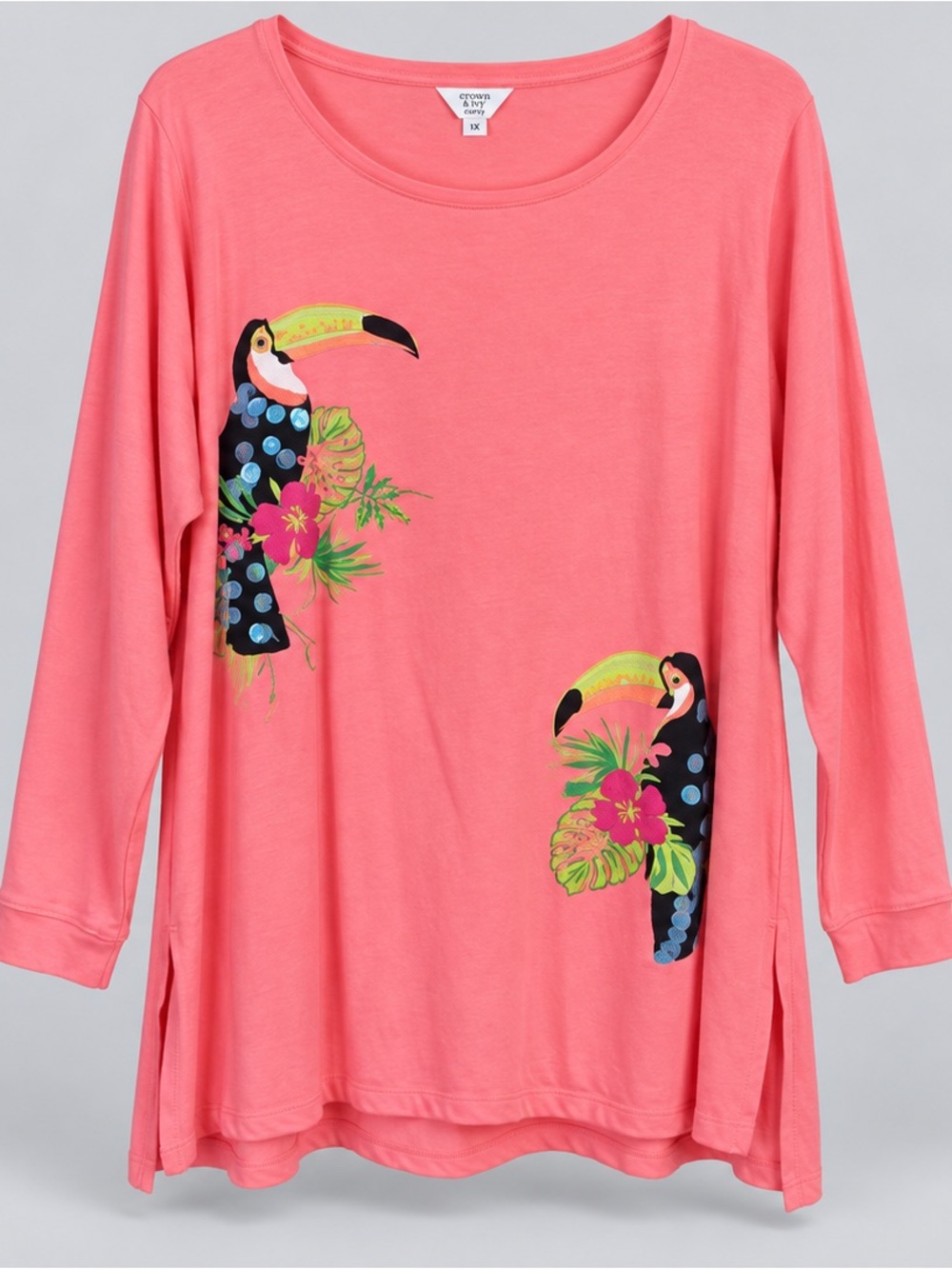 Girls' Coral Long-Sleeve Top with Tropical Toucan Print